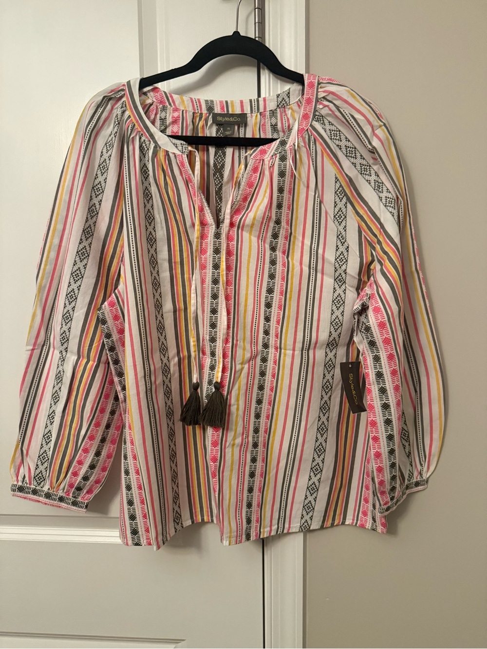 Style & Co. Multicolor Striped Peasant Blouse with Tassel Ties
